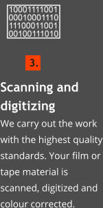 Scanning and digitizingWe carry out the work with the highest quality standards. Your film or tape material is scanned, digitized and colour corrected.    3.